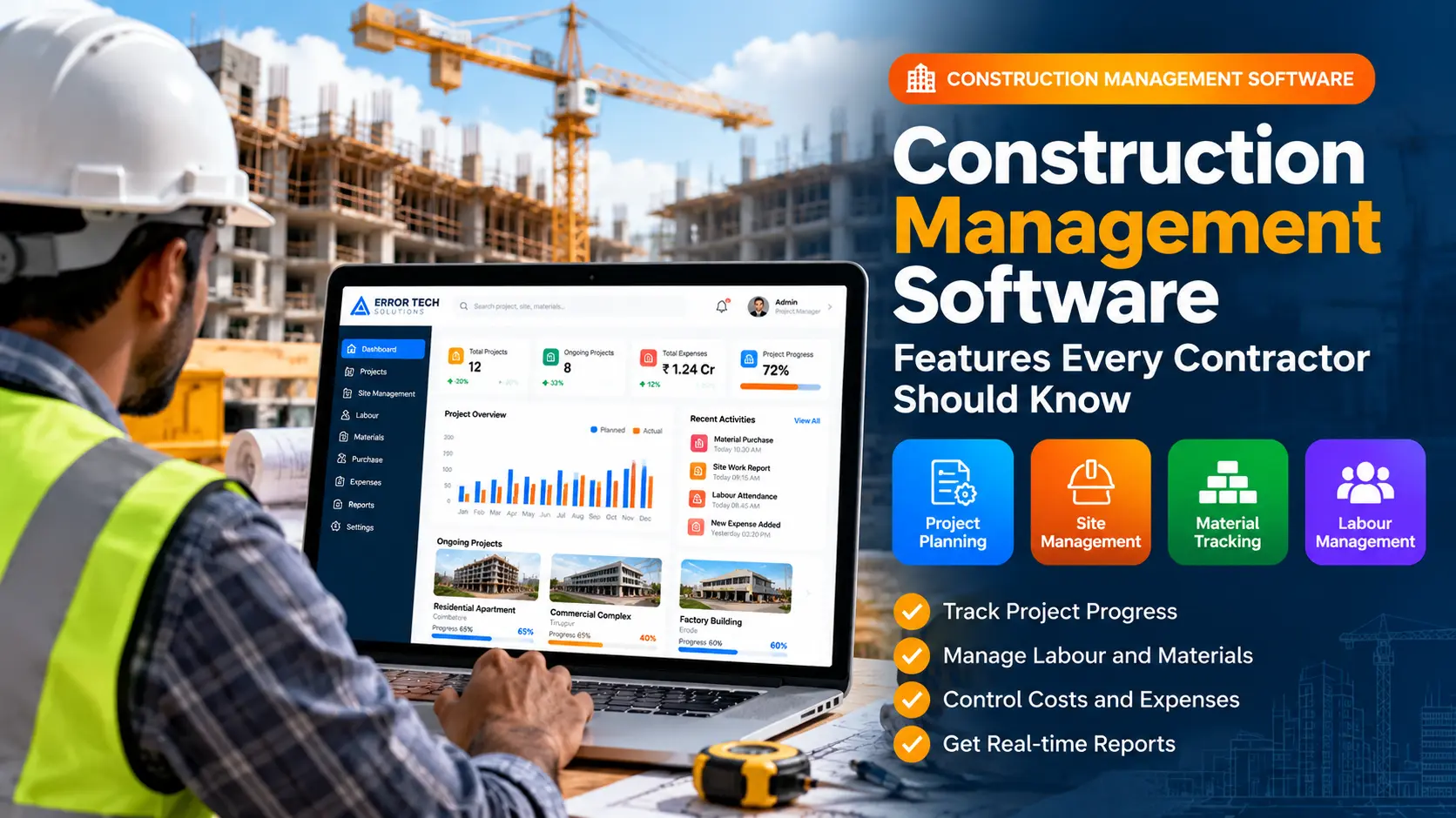 Construction management software dashboard showing project progress, site activities, labour and materials
