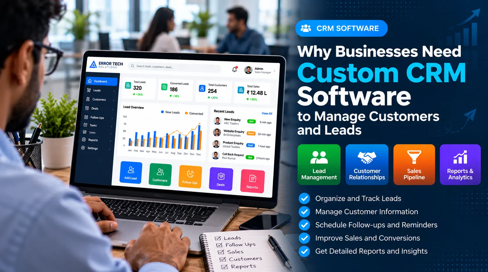 Custom CRM software dashboard for managing customers, leads and sales pipeline