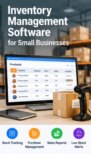 Inventory management software displaying product stock and purchase records